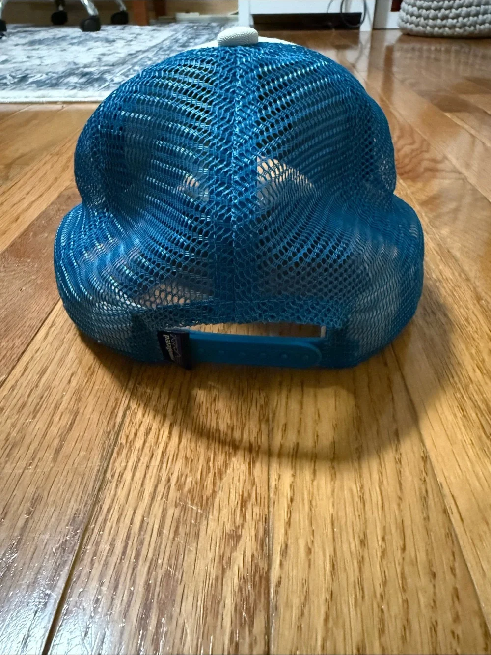 Patagonia Cream and Blue Trucker Hat with Multi-Stripe Mountain Logo